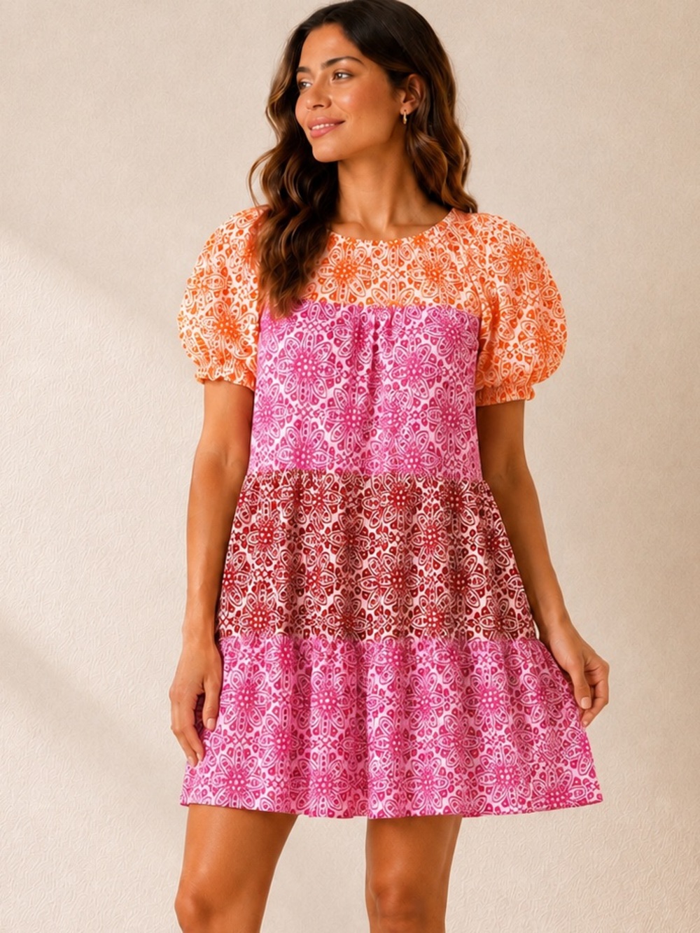 VOY "Cheery Disposition" Embroidered Color Block Tiered Dress